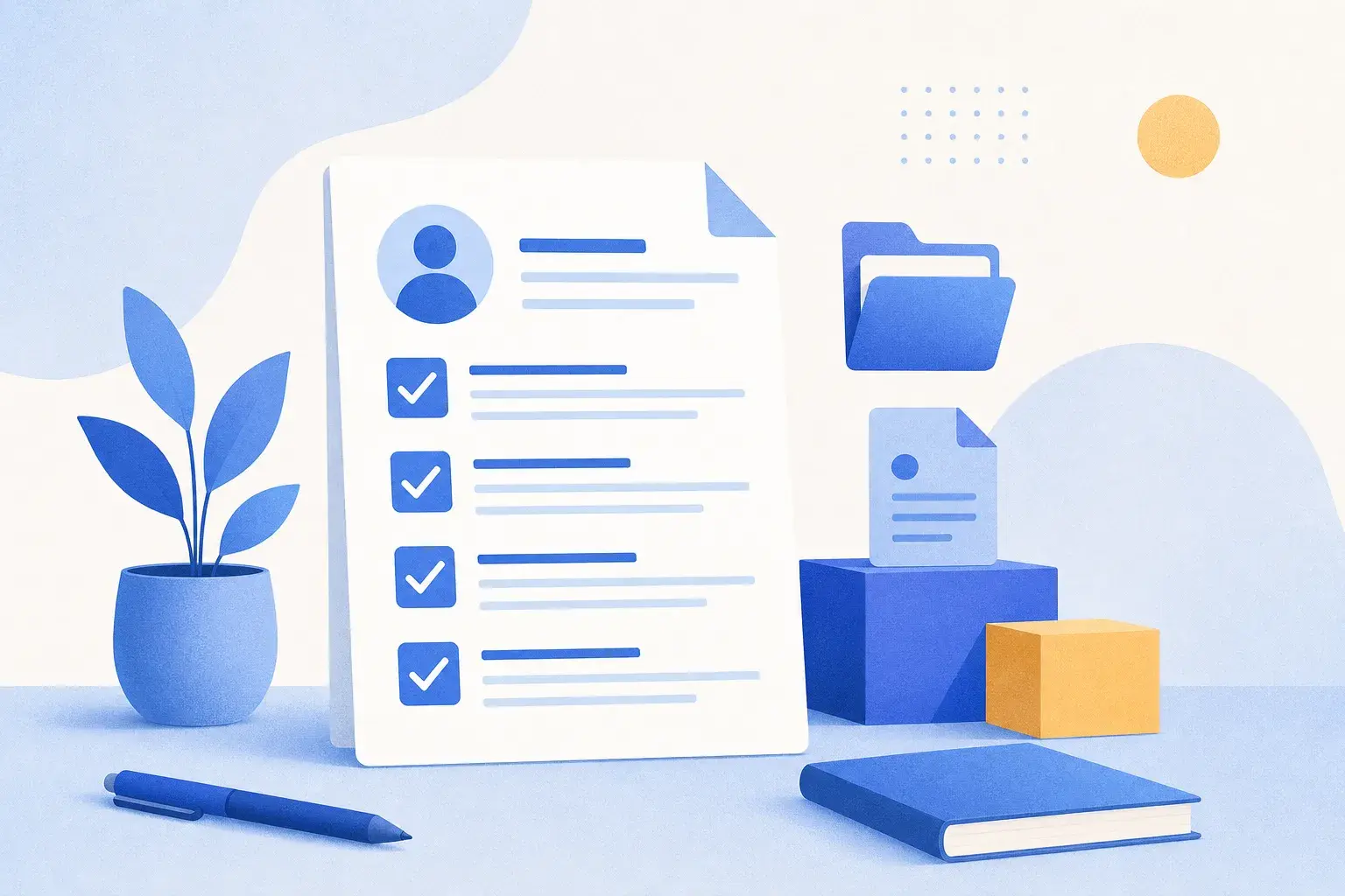 Resume checklist with file icons and clean single-column blocks on a calm abstract desk.