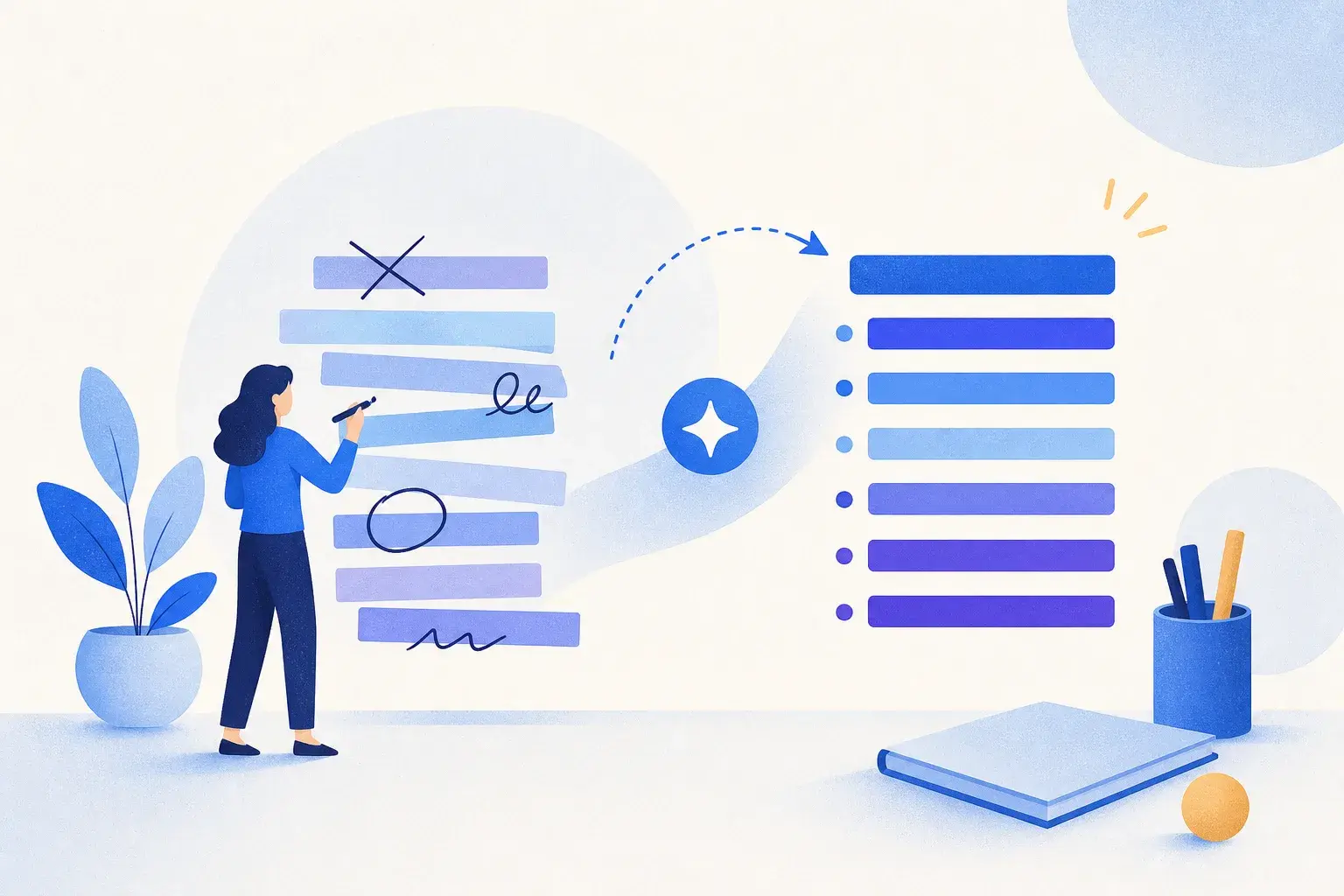 Messy resume bullet bars rewritten into clean, refined bullet bars with editing marks.