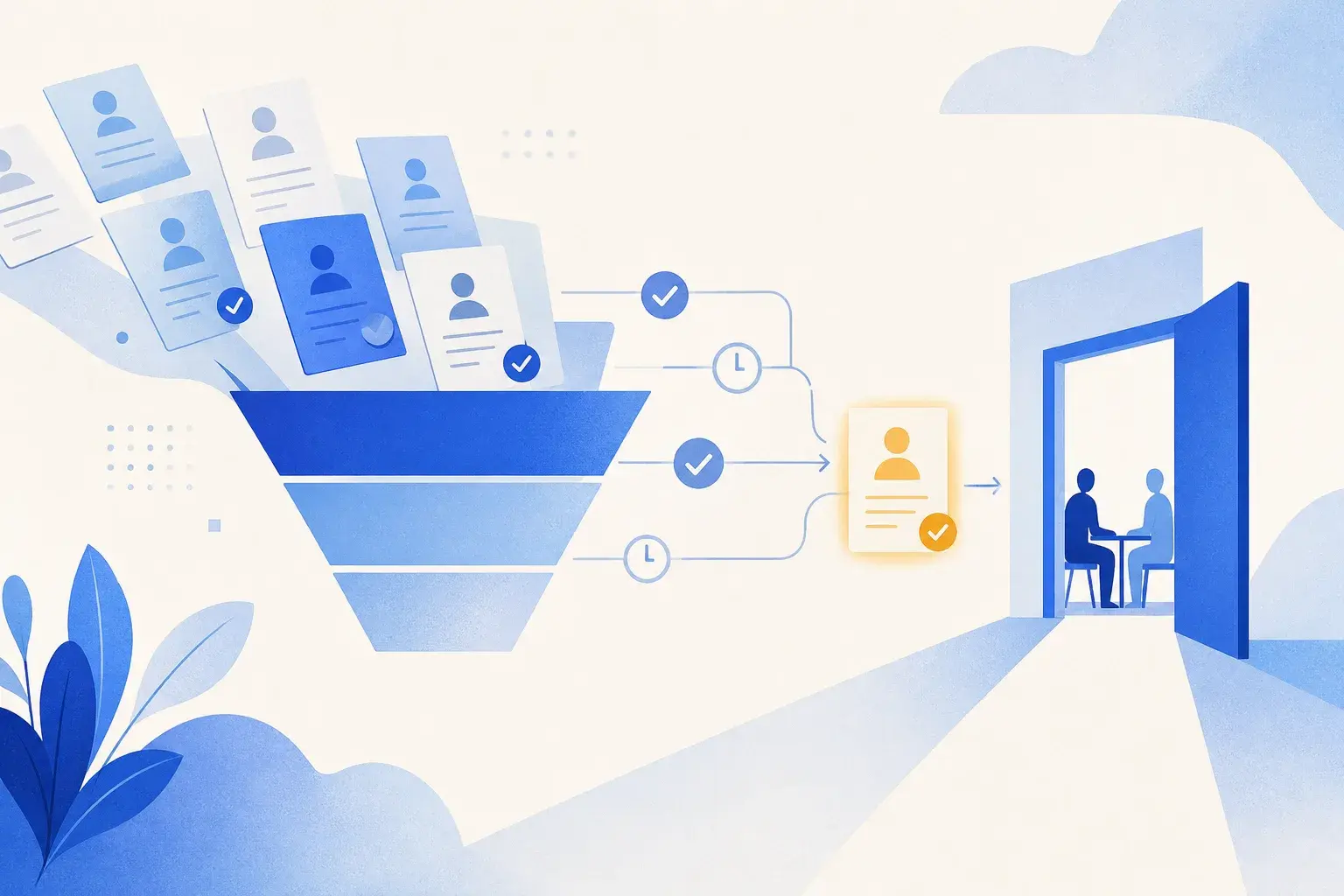Abstract job-search funnel with paper cards, checkmarks, clocks, and one card moving toward an interview doorway.